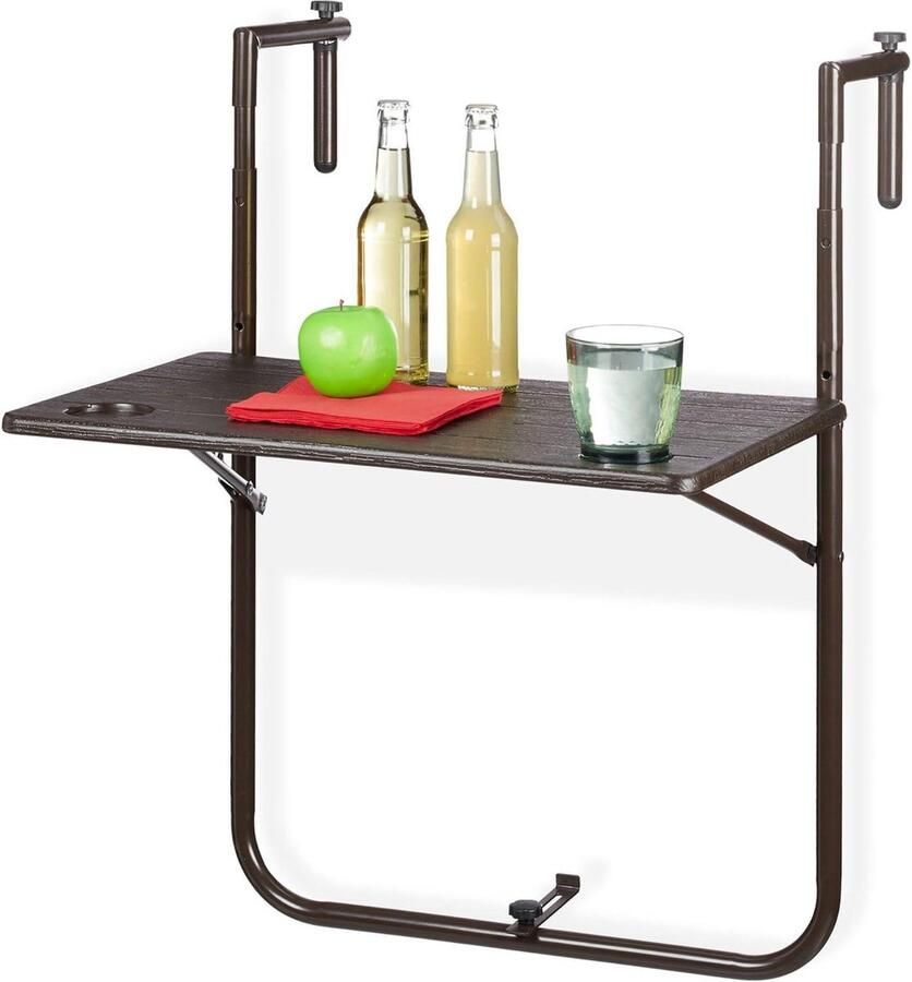 Verstelbare balkontafel met houtlook tafelblad 3 hoogtes 595 x 36 cm bruin bijzettafel buiten