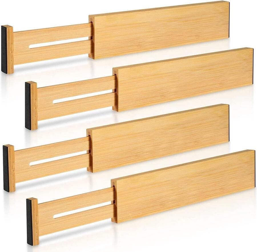 Verstelbare bamboe ladeverdeler lade-organizer voor keuken geveerde kledingkastorganizer badkamer slaapkamer commode en kantoor opbergsysteem set van 4 43-56 cm