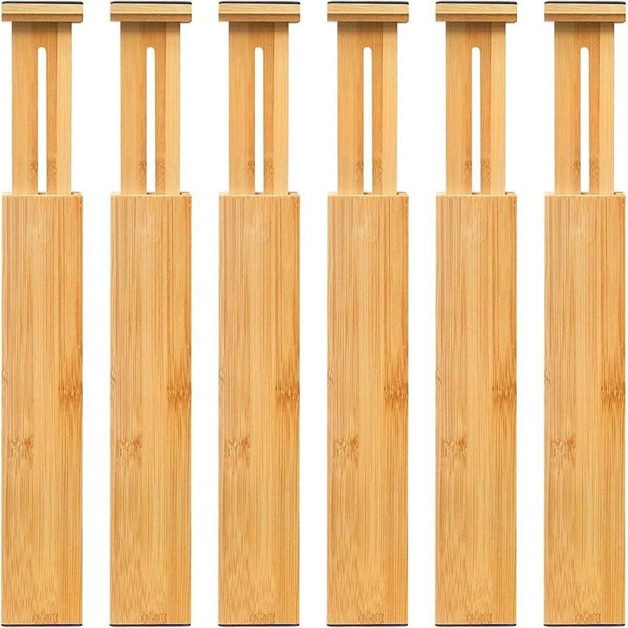 Verstelbare bamboe ladeverdelers geschikt voor lades van 14-19 inch veerbelaste ladeorganisator uitbreidbare scheidingswand voor keuken dressoir slaapkamer badkamer en kantoor 6-pack