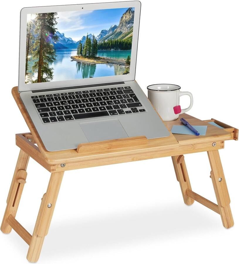 Verstelbare Bamboe Laptoptafel voor Bed en Bank Inklapbaar met Ventilatiegaten en Lade