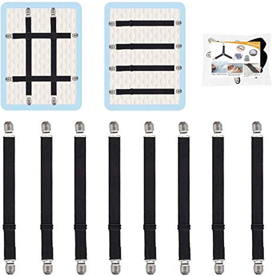 Verstelbare Bed Sheet Straps Clips Elastische Matras Sheet Fasteners voor Lakens Tafeldoeks en Strijkplank Covers 8 Stuks Zwart
