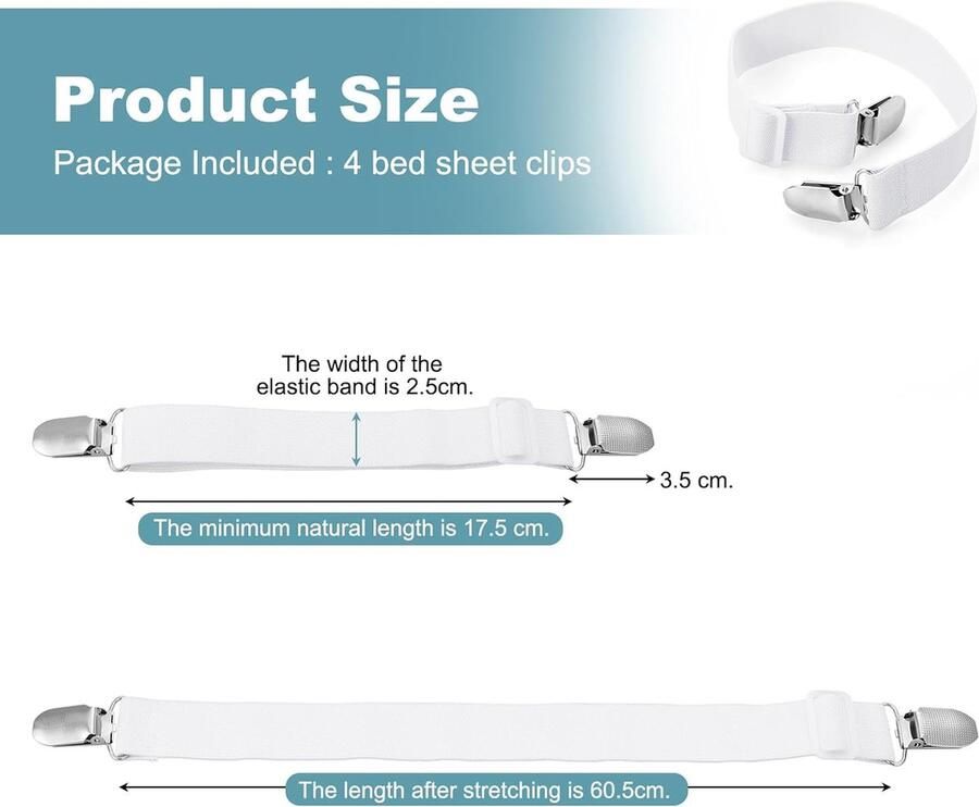 Verstelbare bedbanden bedlakenclips elastische bevestigingsmiddelen bedgrijpers bedhoekhouders voor hoeslakens platte lakens matrassen (wit)