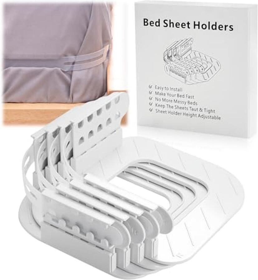 Verstelbare Bedlakenspanner voor Matrassen van 8-30 cm 5 Hoogtes Antislip Hoeslakenhouder (Wit 4 Stuks)