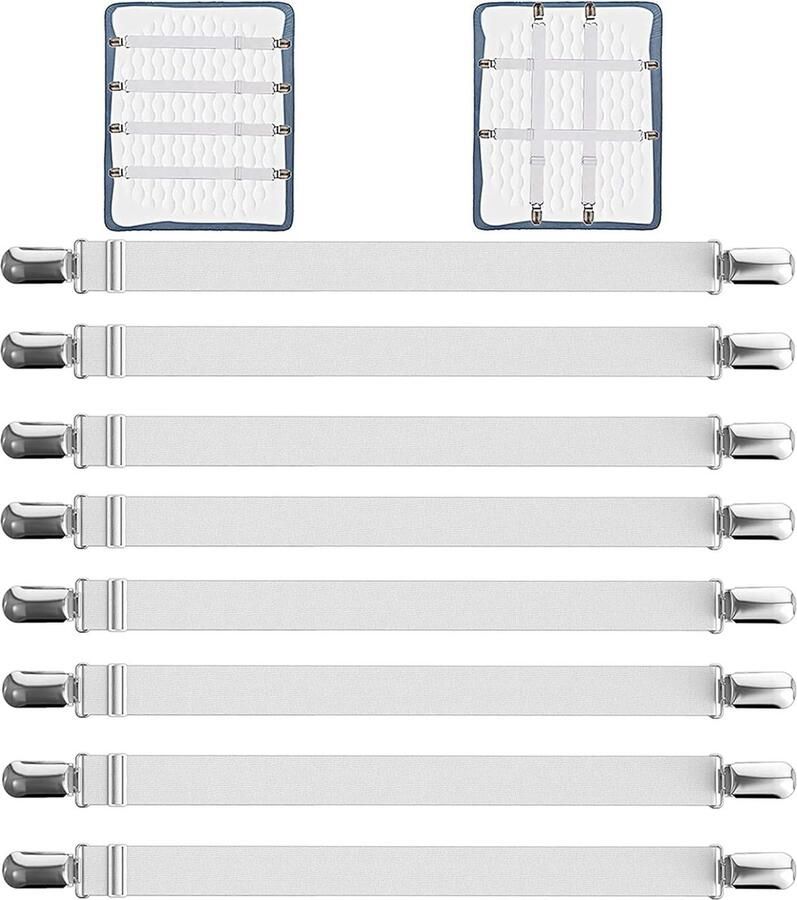 Verstelbare bedlakenspanners 8 stuks 55-250 cm spanbanden elastische beddoekspanners witte lakenspanners met metalen clips voor bedlaken matras strijkplank of bank