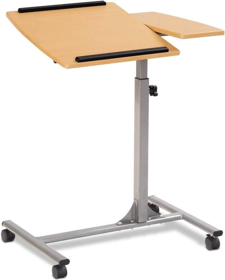 Verstelbare Bijzettafel met Wieltjes en 2 Tafelbladen Laptoptafel Zorgtafel en Leesplek