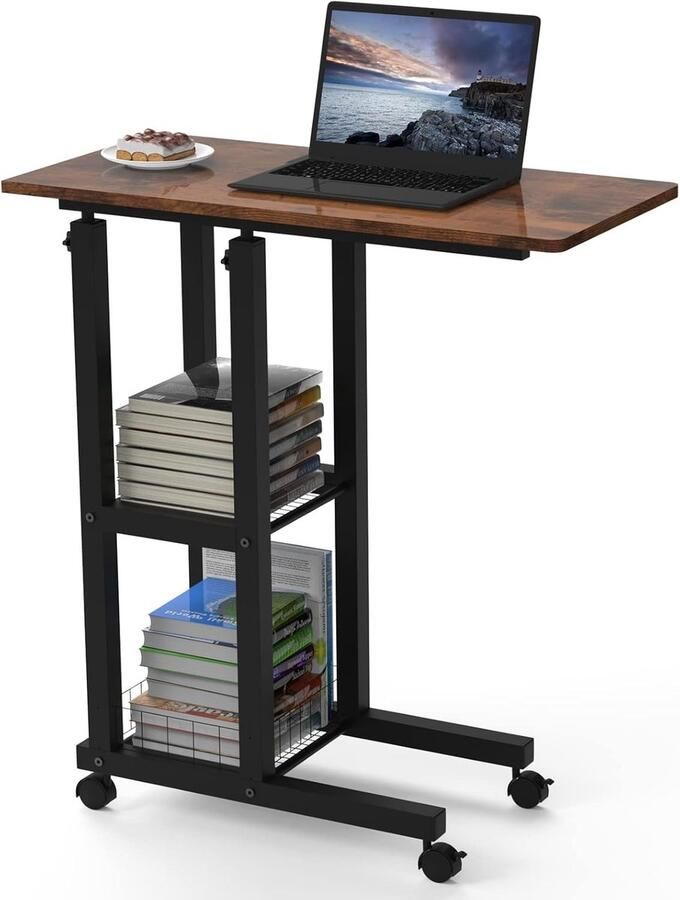 Verstelbare Bijzettafel met Wieltjes en Opbergruimte voor Laptop en Koffie