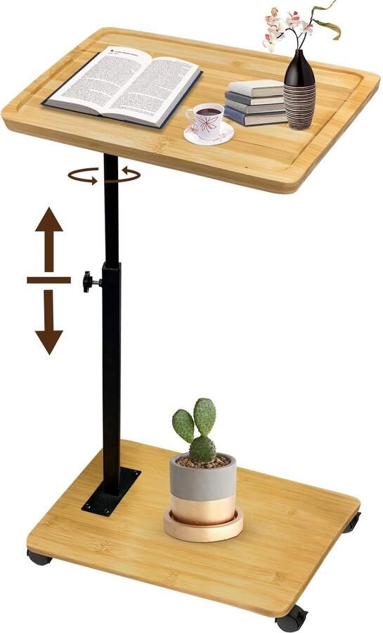 Verstelbare Bijzettafel Modern Design Bamboehout Zwart Metaal