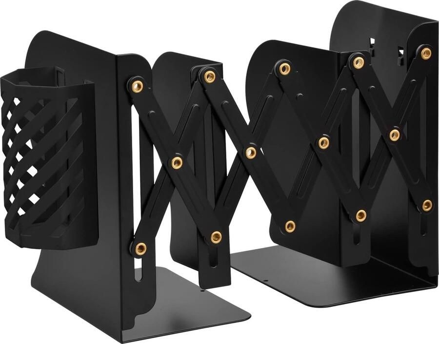 Verstelbare boekensteunen uitbreidbare metalen boekensteunen met penhouder uittrekbaar boekenhouder boekenstandaard voor thuis kantoor school bureau boeken organizer (zwart)