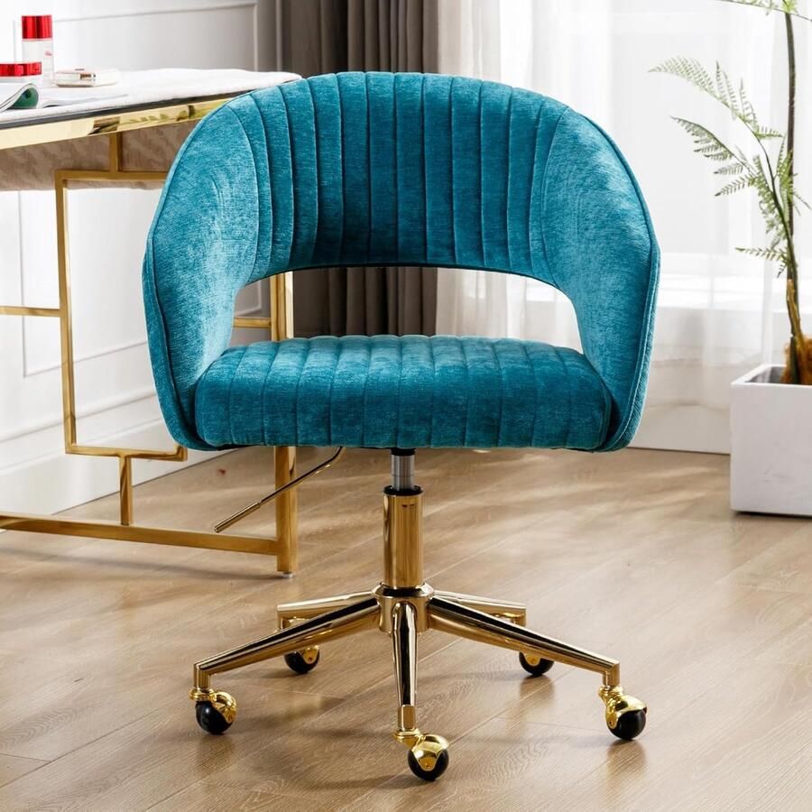 Verstelbare home office bureaustoel – Chenille draaistoel met open rug moderne computer- en werkstoel teal