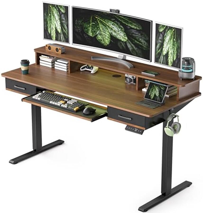 Verstelbare Bureautafel met Toetsenbordlade Elektrische Zit-Sta Bureau 140 x 60 cm met 2 Lades en Geheugenfunctie voor 4 Hoogtes Zwart Walnoot