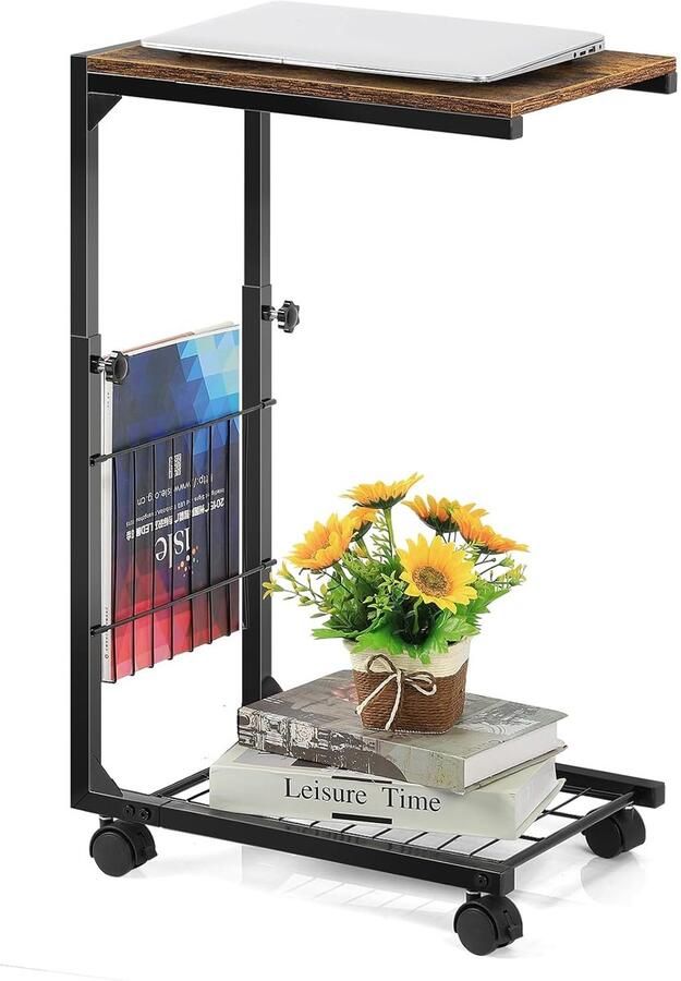 Verstelbare C-tafel C-vormige bijzettafel met opbergmand 1 stuk rustiek bruin inclusief wielen