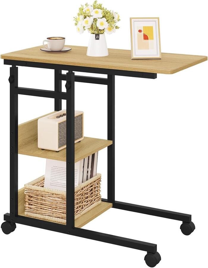 Verstelbare C-vormige Bijzettafel met Wieltjes Multifunctionele Laptoptafel en Salontafel in Licht Eiken en Zwart