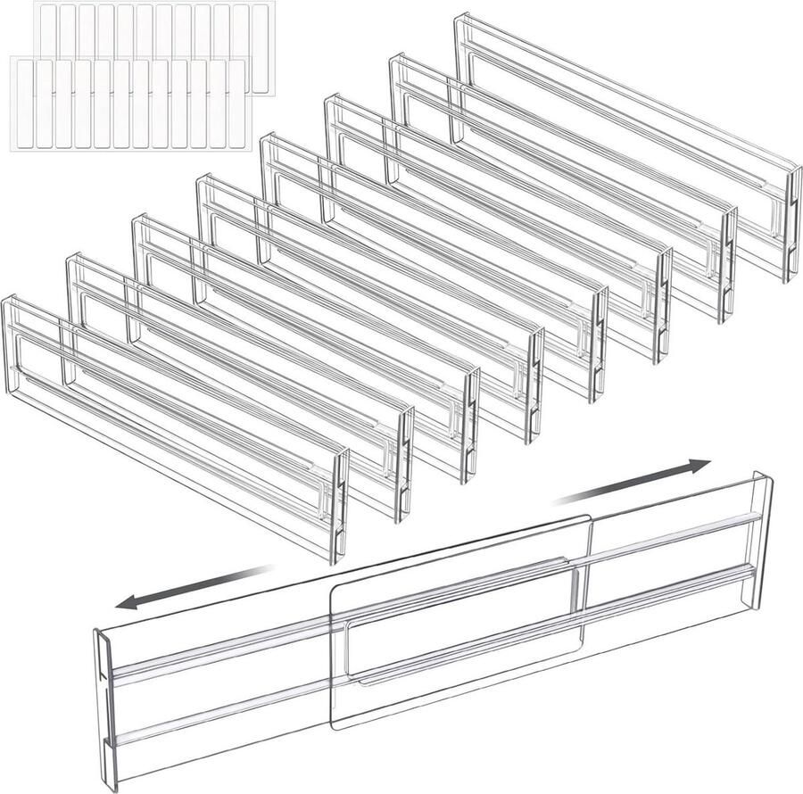 Verstelbare doorzichtige ladeverdelers set van 8 ladeverdeler voor het organiseren van bureaus keukenlades badkamers en slaapkamers