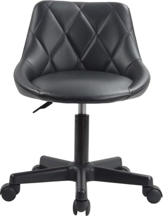 Verstelbare Draaistoel met Rugleuning en Wielen Comfortabele Rolkruk van PU-leer in Zwart