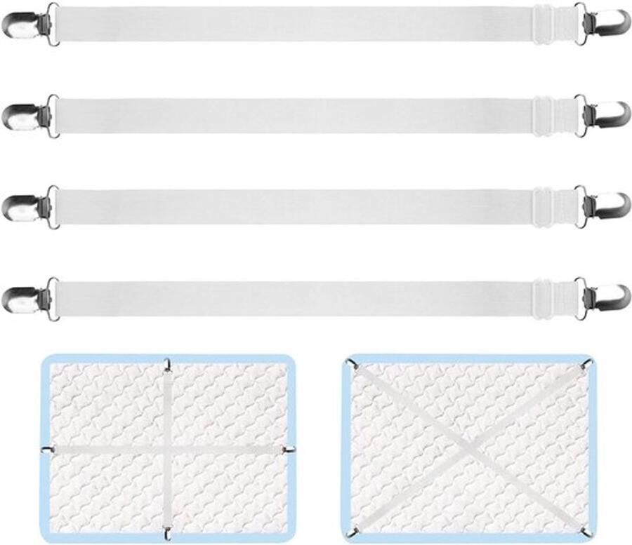 Verstelbare Elastische Hoesspanners 4 Stuks Kreukvrij Bedlaken Spanners met Metalen Klemmen voor Laken Matras Strijkplank of Bank