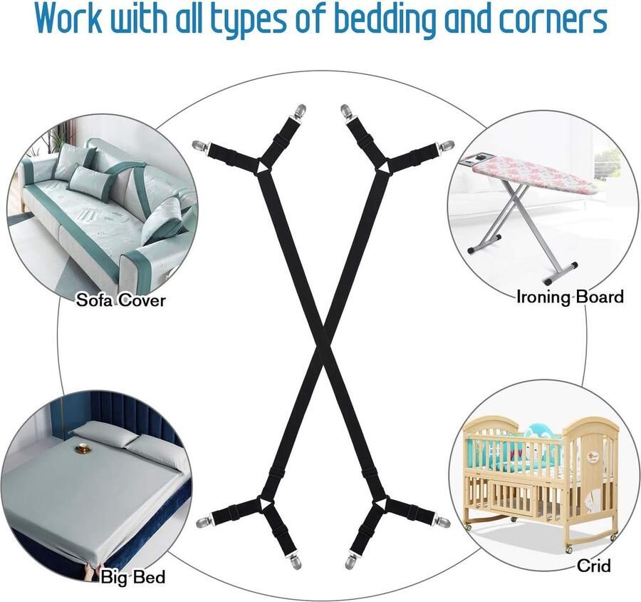 Verstelbare Elastische Lakenspanners Bedlakklemmen Matrasknijpers met Lange Spanbanden voor Lakens Matrassen Hoeslakens Zwart 2 Stuks