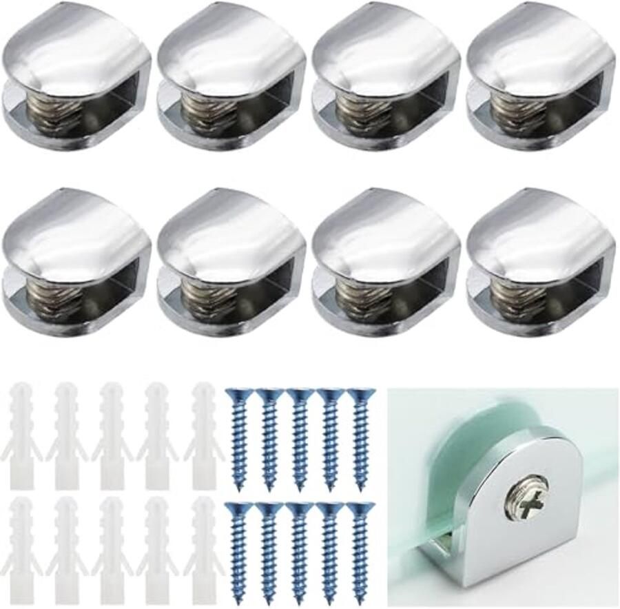 Verstelbare glazen plankklemmen voor 6-8 mm dik glas 8 stuks