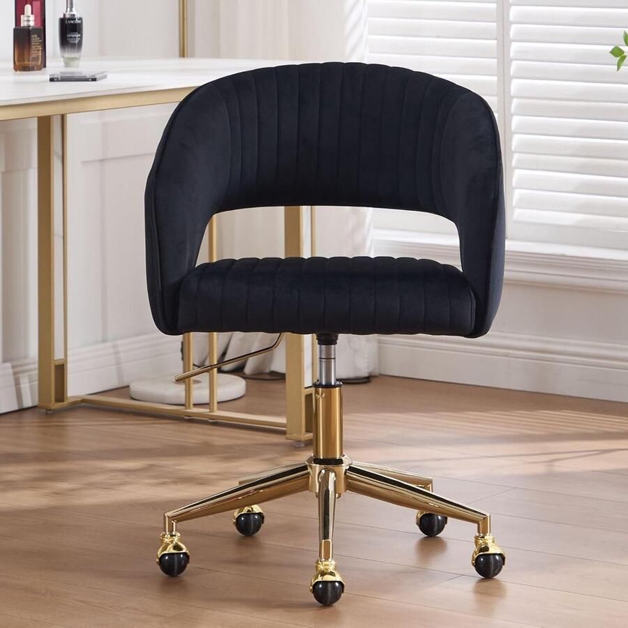 Verstelbare home office bureaustoel – Fluwelen draaistoel met open rug moderne computer- en werkstoel zwart