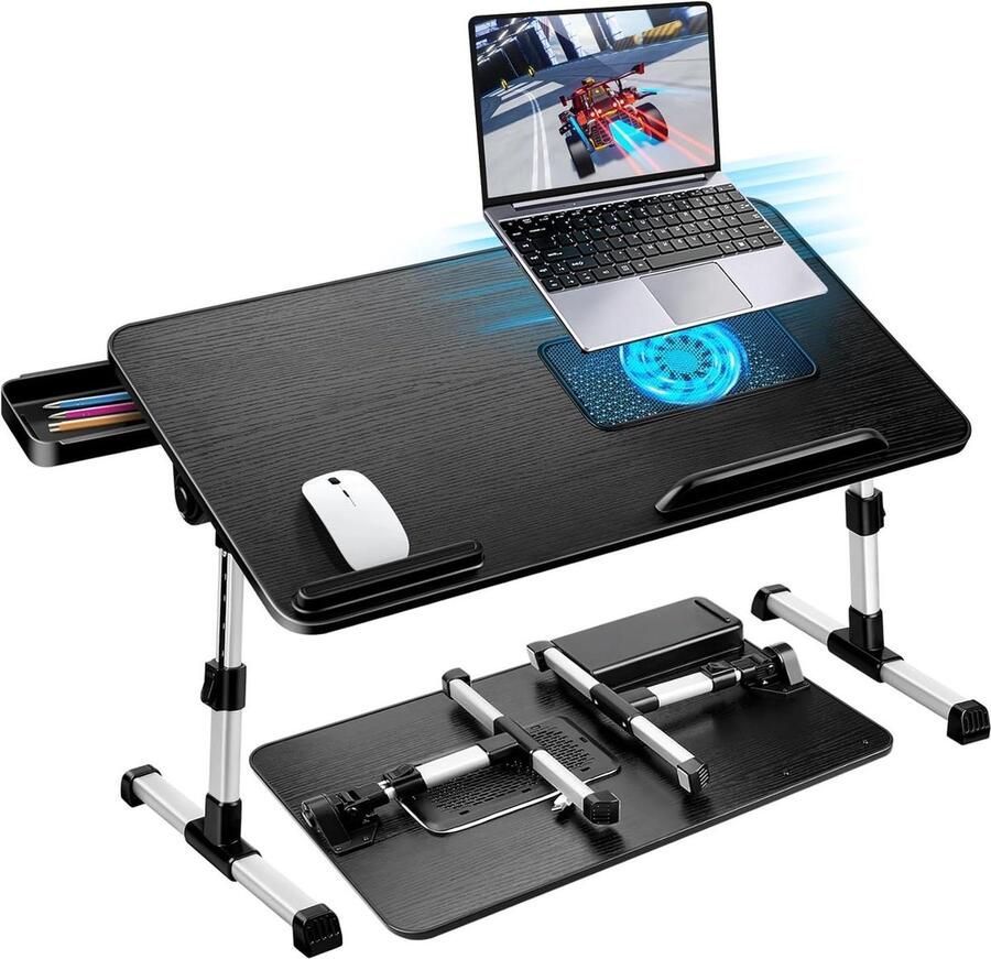 Verstelbare Hoogte en Hoek Inklapbaar Laptoptafel voor Bed Met Laptop Koelventilator (60 x 34 cm Zwart)