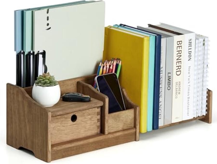 Verstelbare houten boekenkast met lade – Ruimtebesparend bureau-organizer voor boeken en documenten