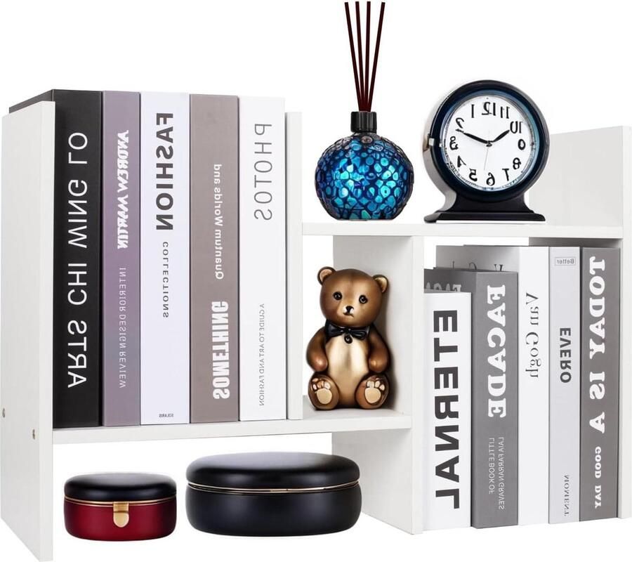 Verstelbare Houten Boekenplank Bureau Organisator Uitbreidbaar Dubbel H Display Wit