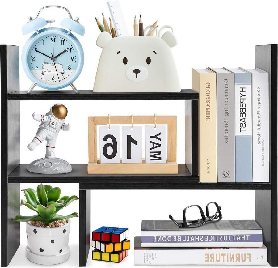 Verstelbare houten boekenplank voor tafel kleine boekenkast bureau-organizer zwart walnoot