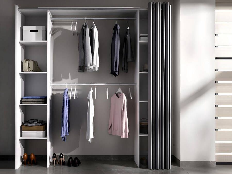Verstelbare kledingkast DORIAN met gordijn L 110 180 cm Kleuren: Wit en grijs L 180 cm x H 205 cm x D 50 cm