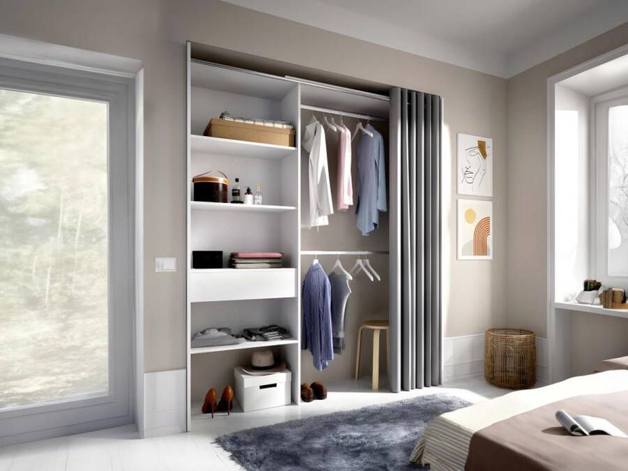 Merkloos Uitschuifbare kleedkamer met gordijn + 1 lade Wit decor L 160-113 x D 50 x H 205 cm SUIT - Foto 2