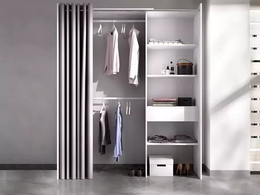 Merkloos Uitschuifbare kleedkamer met gordijn + 1 lade Wit decor L 160-113 x D 50 x H 205 cm SUIT - Foto 3