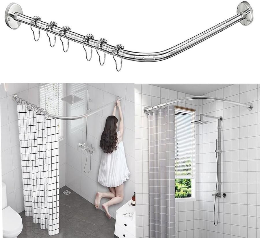 Verstelbare L-vormige Douchegordijnstang van Roestvrij Staal Hoekoplossing voor Badkamer zonder Boren