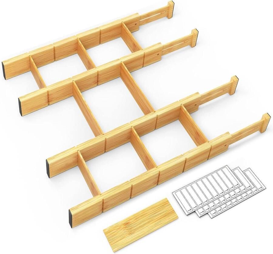 Verstelbare ladeorganisator voor keuken en thuis Bamboe 4 verdelers met 9 inzetstukken 17-22 inch