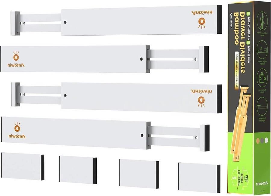 Verstelbare ladeverdeler bamboe Organisator voor lade (43 56 cm) Geveerde ladeverdeler keuken Commode badkamer slaapkamer Babylade bureau-opbergsysteem (wit)