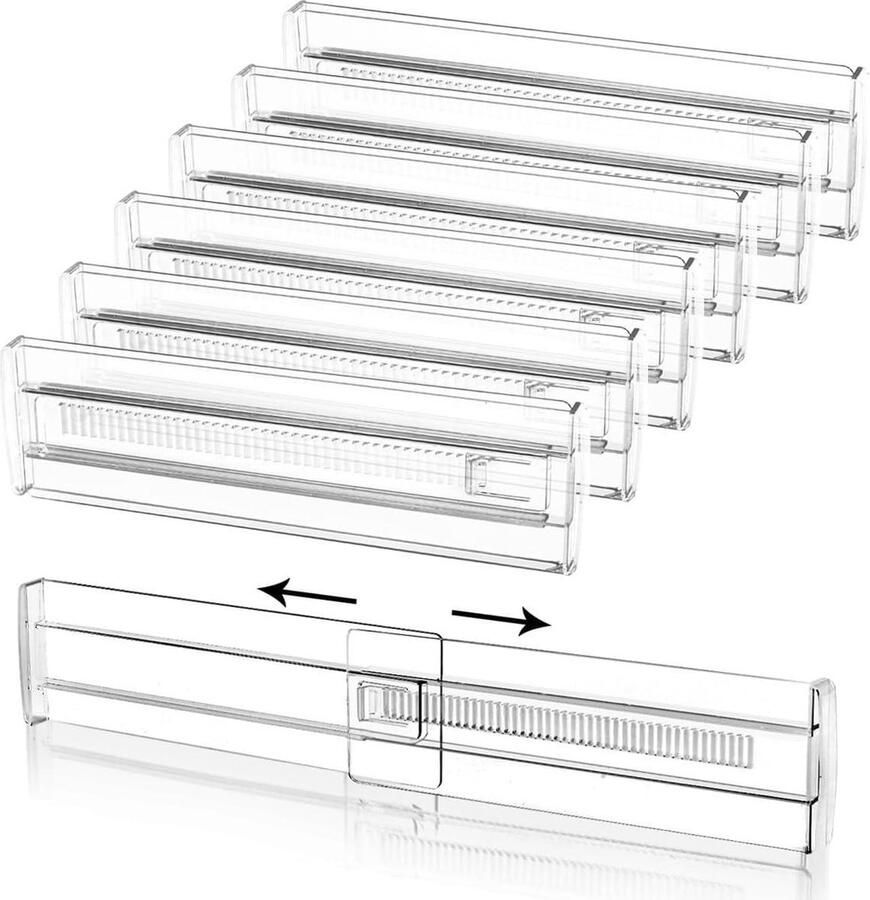 Allecto Plus 7-pack Verstelbare Ladeverdelers voor Keukenladeorganisatie Uitbreidbaar van 11-20 cm Transparante Plastic Ladenscheiders voor Kleding Keukengerei en Kantoor