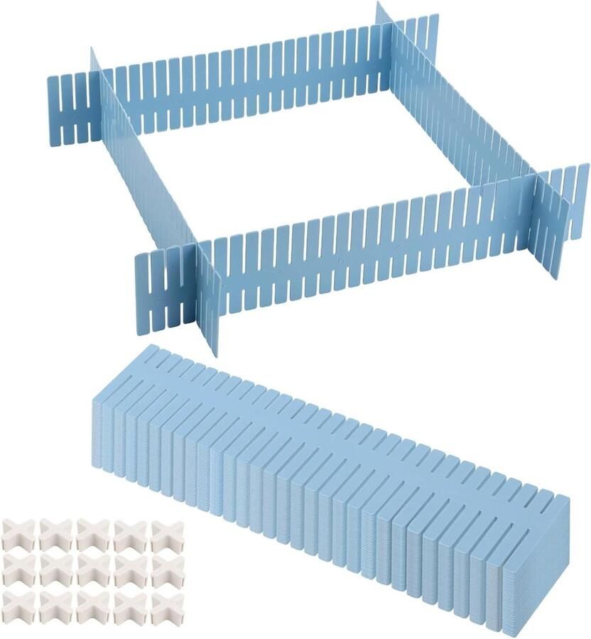 Verstelbare ladeverdelers set van 60 stuks blauw 37 x 7 cm kunststof organizer scheidingswanden voor sokken ondergoed make-up keukengerei commode opbergbox