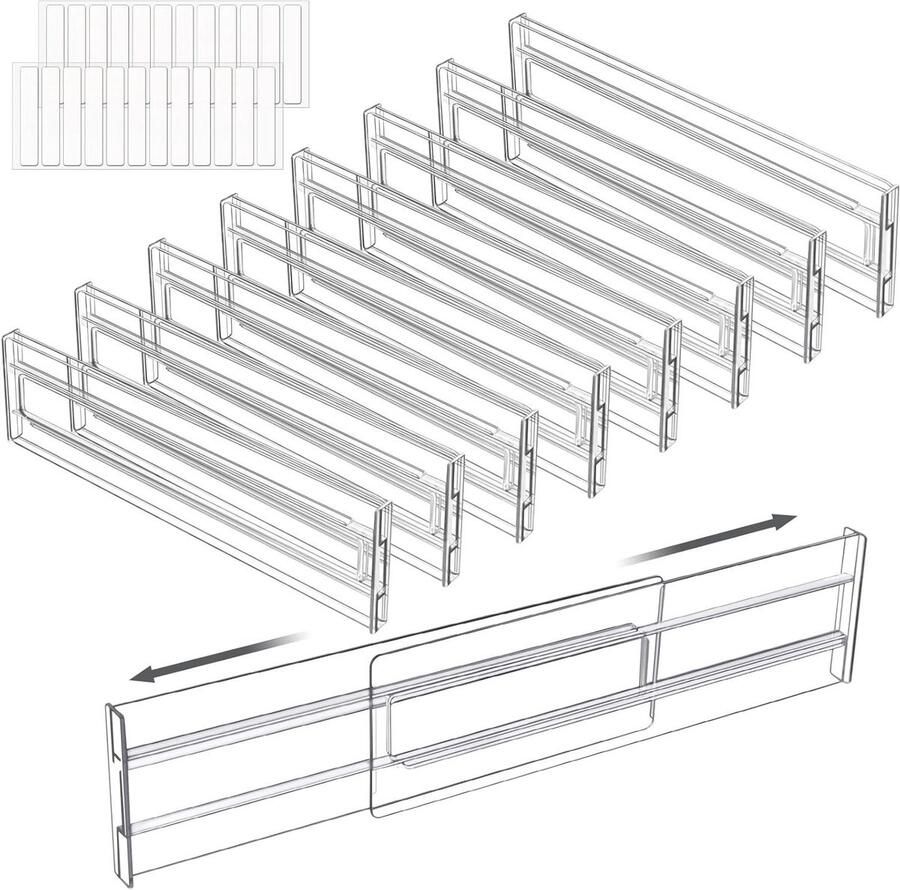 Verstelbare ladeverdelers Set van 8 doorzichtige uitbreidbare ladeverdelers