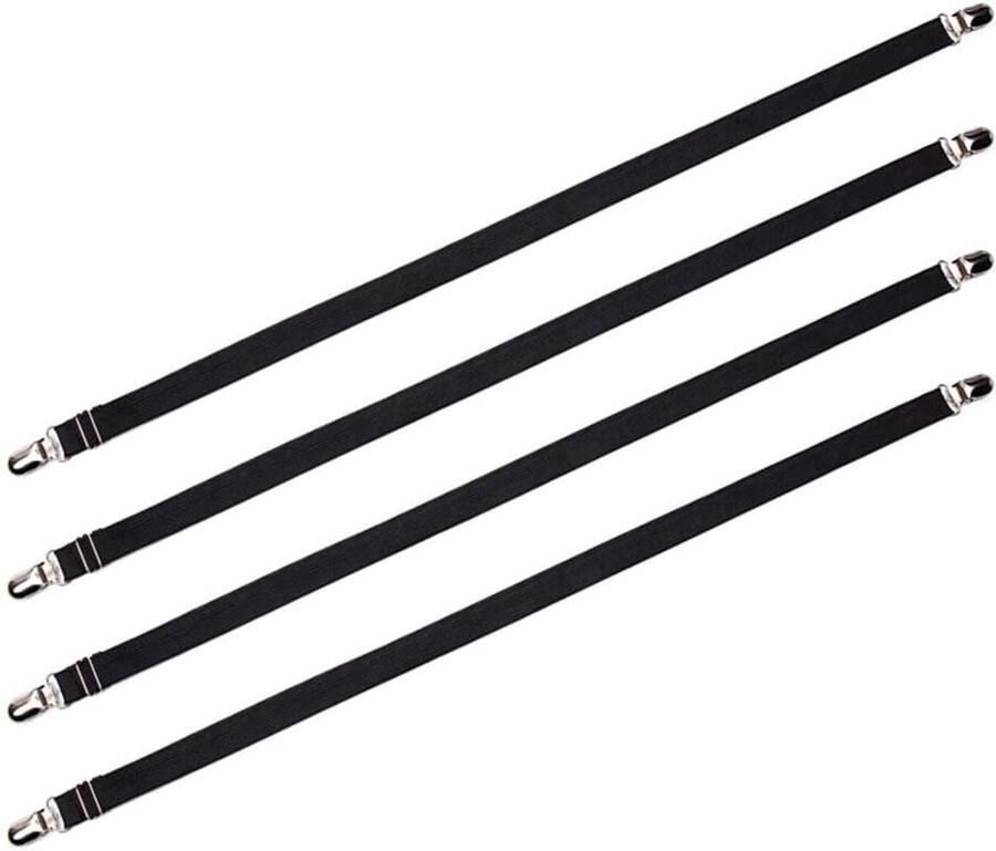 Verstelbare Lakenklemmen 4 stuks 2 5 cm breed Rekbaar tot 250 cm Elastische band Hoeslakenklem Matrasriemen Geschikt voor lakens matrassen stoelhoezen en bankkussens Zwart