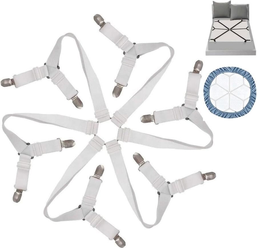 Verstelbare lakenspanner met 6 zijden en 12 sterke metalen clips waardoor de lakenclips niet beschadigen en geschikt is voor ronde en vierkante matrassen van alle maten
