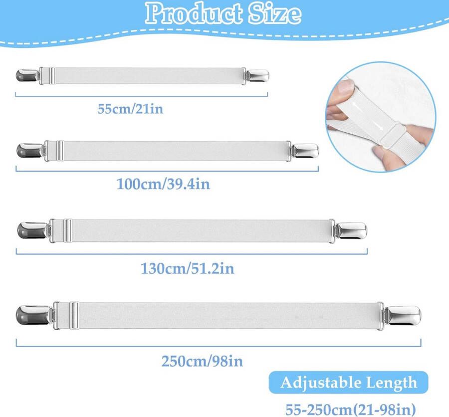 Verstelbare lakenspanners 55-250 cm elastische lakenspanners witte lakenspanners met metalen clips voor lakens matras strijkplank of bank (4PCS)