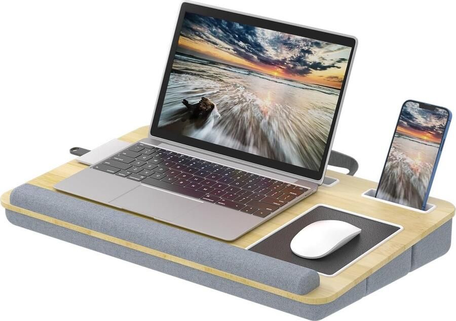Luvetrex Verstelbare Laptop Ondersteuning met Comfortabel Kussen en Multifunctionele Groeven