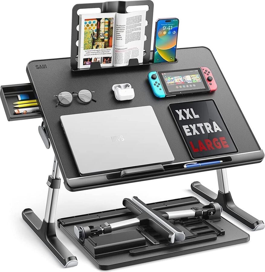 Verstelbare Laptoptafel 60x45 cm Multifunctionele Bedtafel met Boekenstandaard Lade en Tabletsleuf