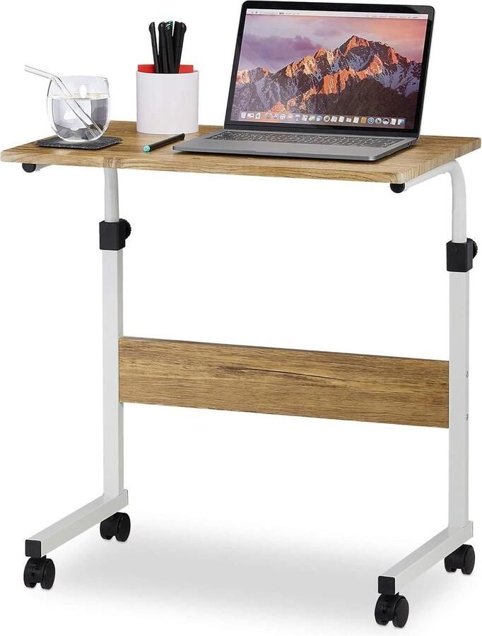Verstelbare laptoptafel 65-82 x 60 x 40 cm houtlook bruin-wit op wielen