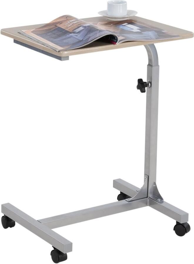Verstelbare Laptoptafel met Wielen Mobiele Computertafel voor Woonkamer Kantoor en Slaapkamer Eikenhout 48x38x79cm