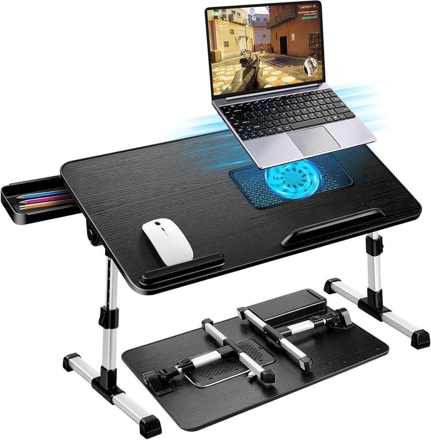 Verstelbare Laptoptafel voor Bed met Koelventilator Lade en Inklapbaar Ontwerp 53 x 30 cm Zwart
