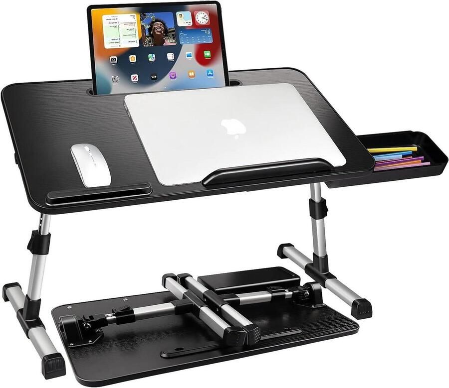 Verstelbare Laptoptafel voor Bed met Lade en Tablet Standaard Inklapbaar Zwart 53 x 30 cm