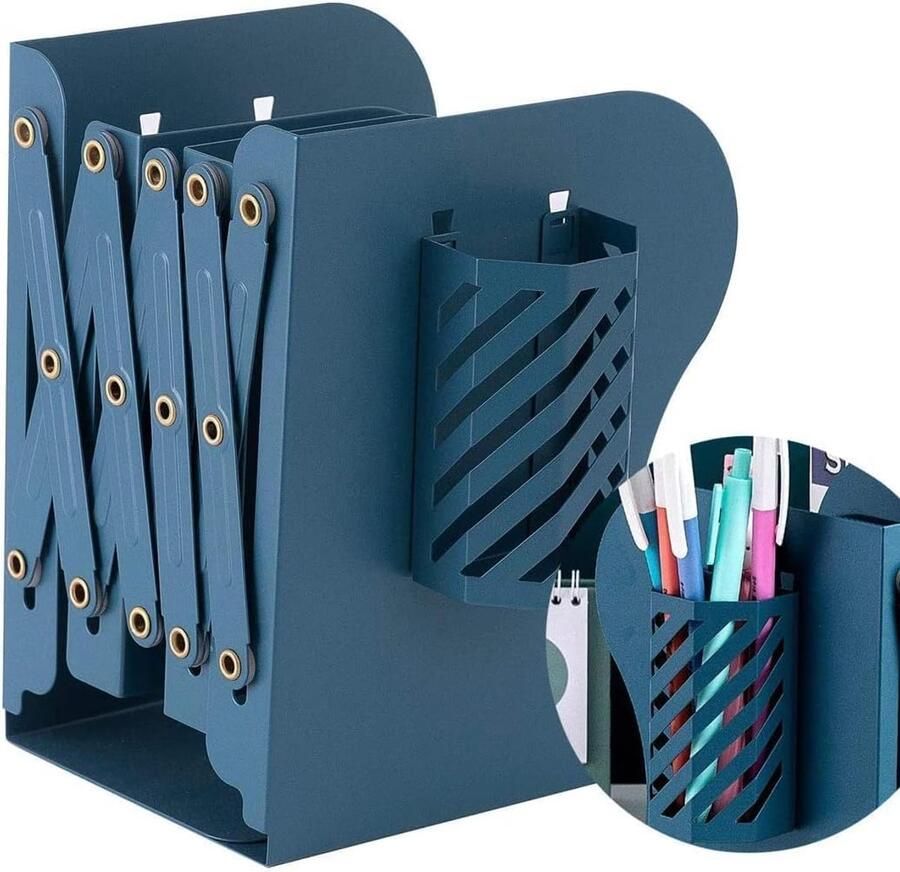 Verstelbare metalen boekensteunen decoratieve verstelbare metalen boekenplankorganizer met pennenhouder voor thuis kantoor school bibliotheek blauw