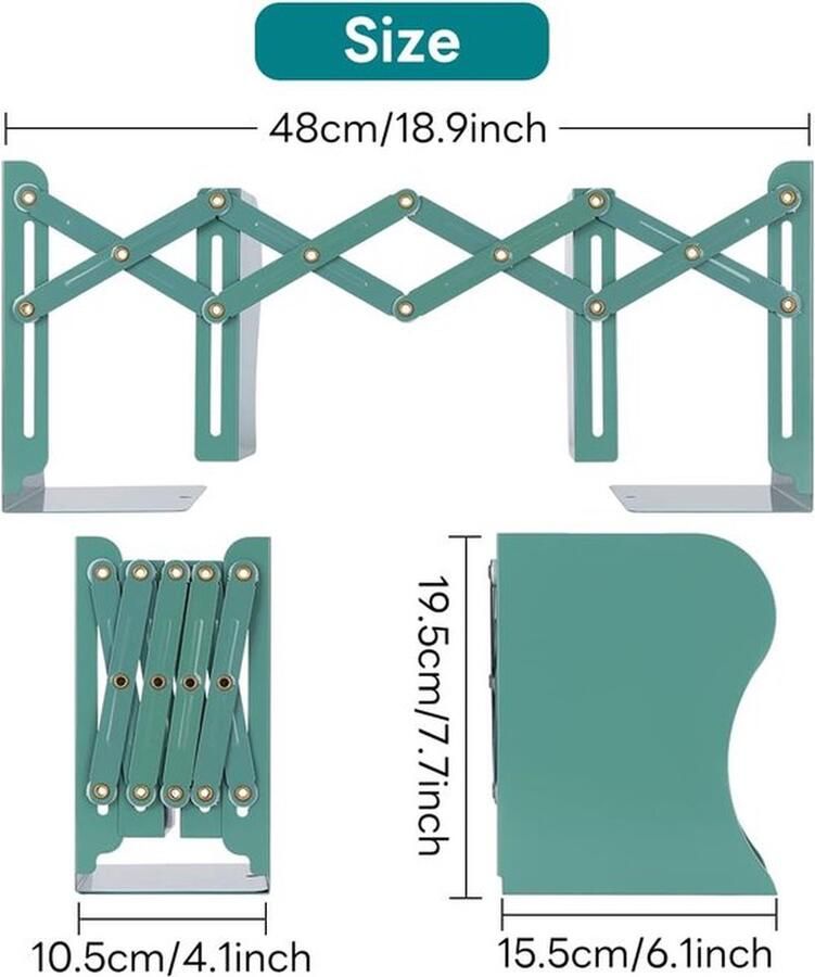 Verstelbare metalen boekensteunen met antislip geschikt voor boeken en cd's voor bureau en boekenkast kantoor Groen