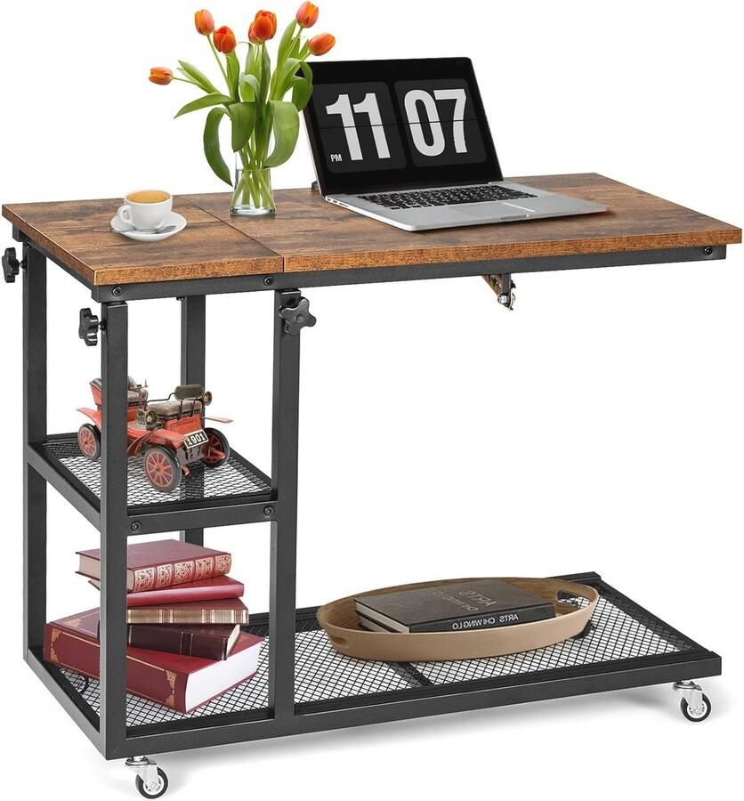 Verstelbare Mobiele Laptoptafel met Wielen en C-Vormig Design voor Thuis en Kantoor