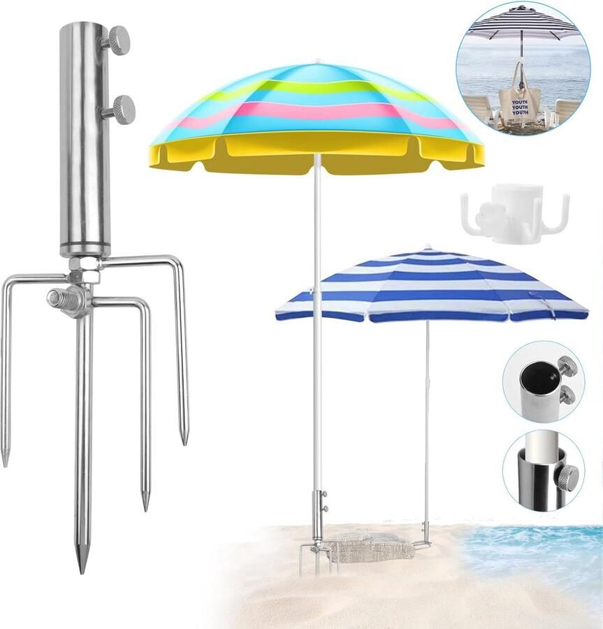 Verstelbare parasolstandaard van roestvrij staal met grondpen en hoekhaken voor stabiliteit en duurzaamheid