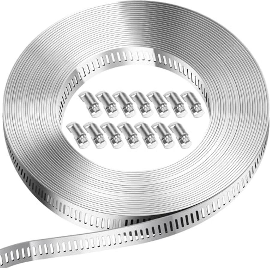 Verstelbare Roestvrijstalen Slangklemmen 5 Meter met 12 Clips voor Tuin en Zwembad