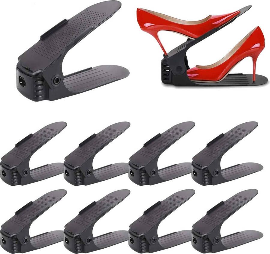 Verstelbare schoenenrekken set van 10 schoenenstapelaars schoenenhouderset 3 in hoogte verstelbaar ruimtebesparend antislip kunststof zwart